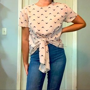 Light Pink, Bird Print, Tie Up Top